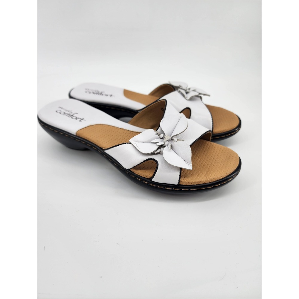 Strictly Comfort Irene White Leather Floral Wedge Slide Sandals Womens 6M